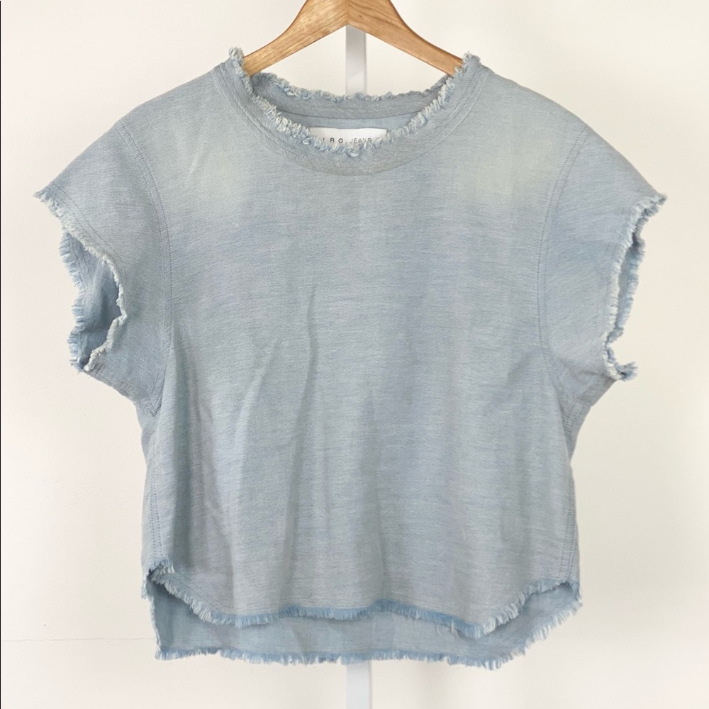 IRO Pale Blue Frayed Short Sleeve Crop Tee